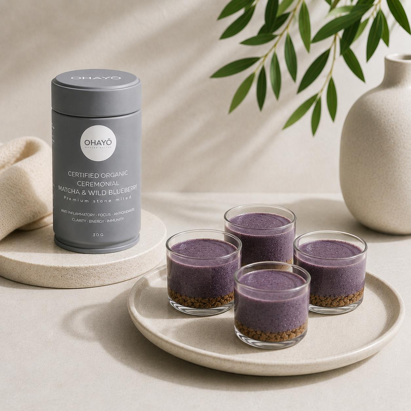 Wild Blueberry Matcha Cheesecake Cups
