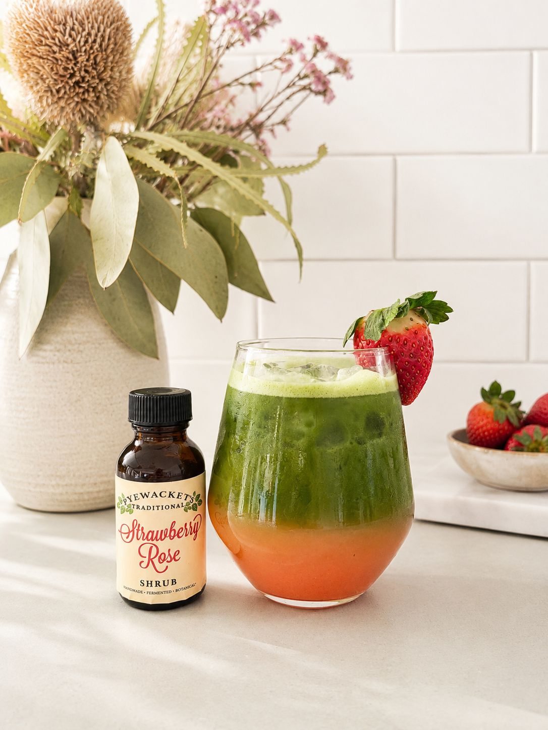 Strawberry Rose Matcha Coconut Spritz